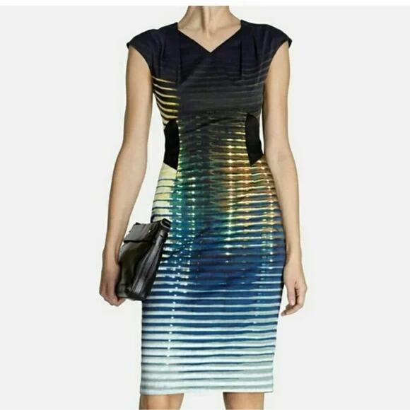 Karen Millen Dress Sheath V Neck Cap Sleeve Blue Striped Fitted Knee Length 4 S - Picture 1 of 9